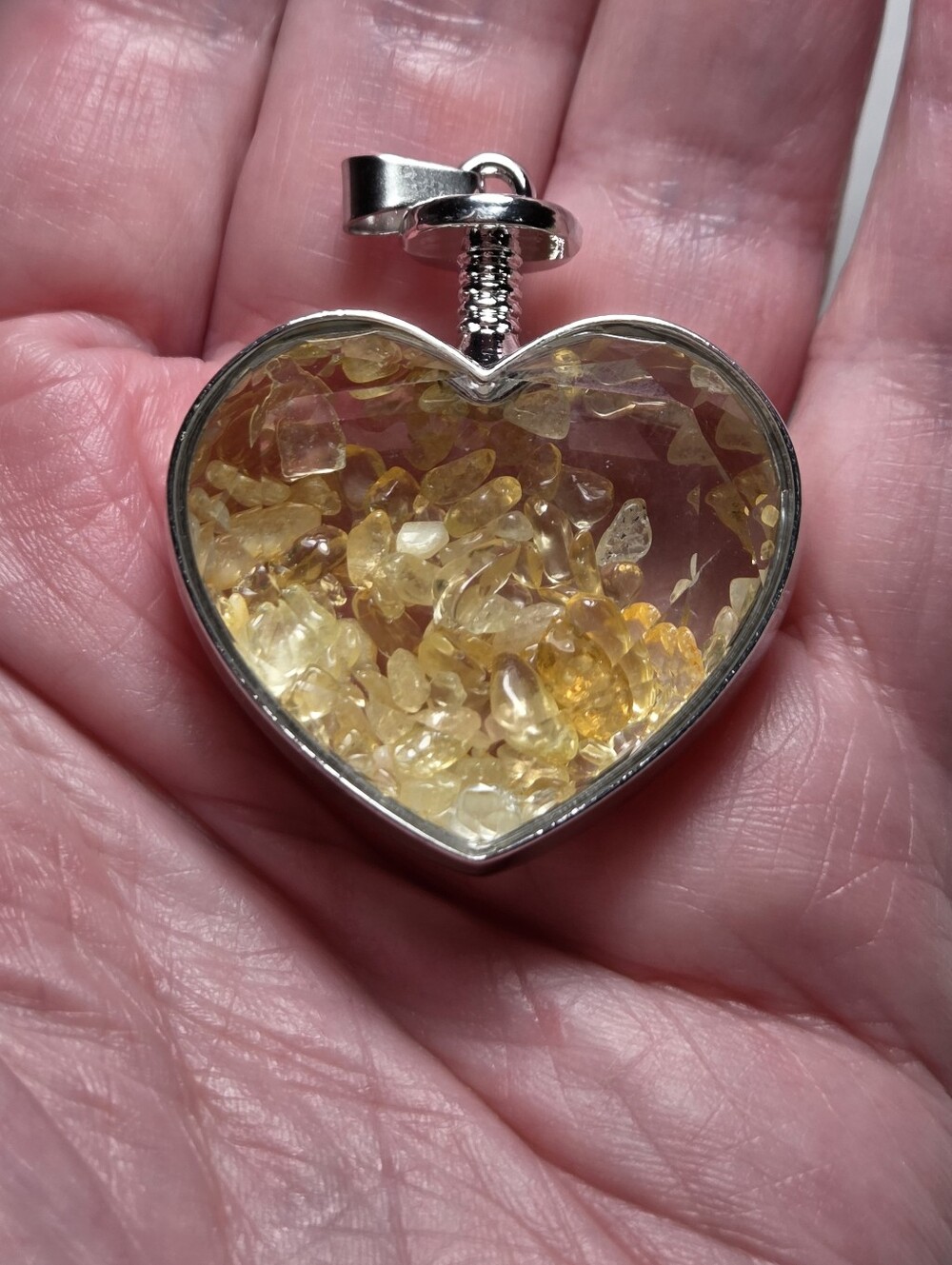 New Citrine Filled Heart Shaker Pendant Necklace - Silver Frame - Picture 2 of 2